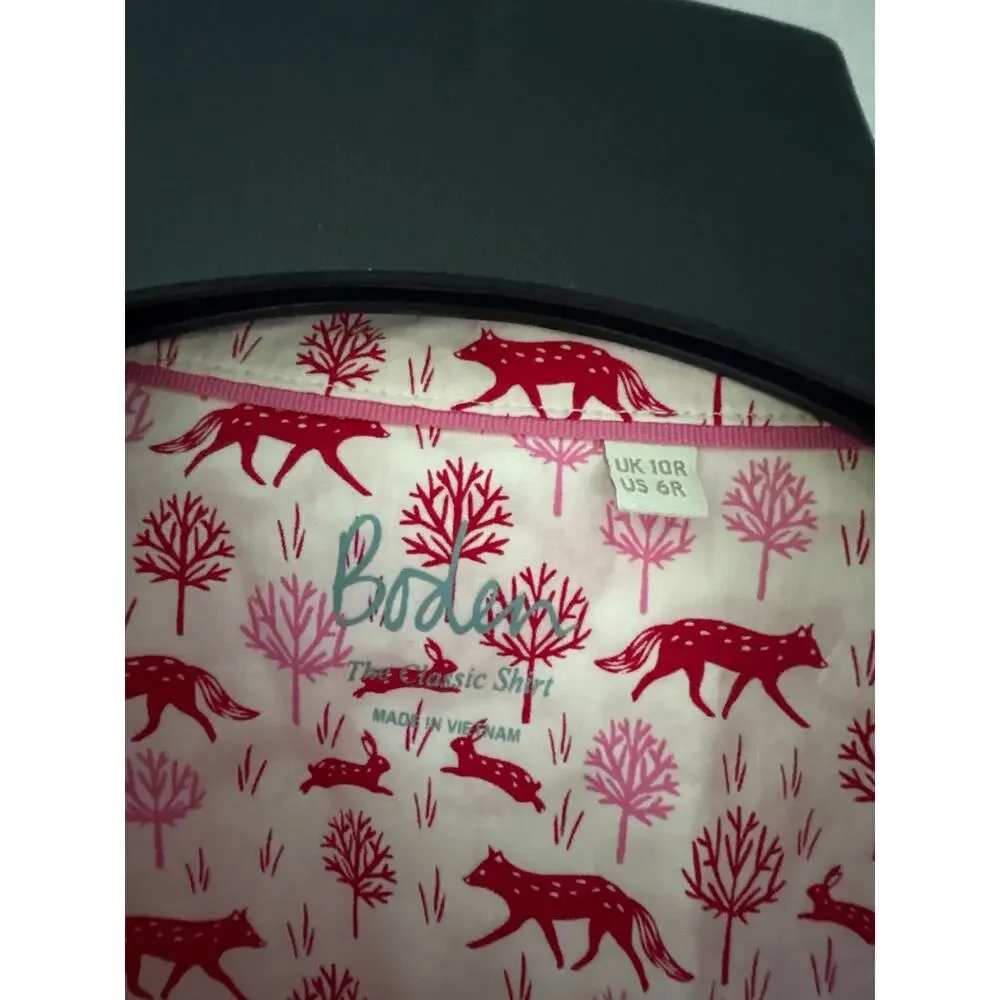 Boden The Classic Shirt Fox Rabbit Print Long Sleeve Button Down Size 6 Regular - Picture 2 of 6